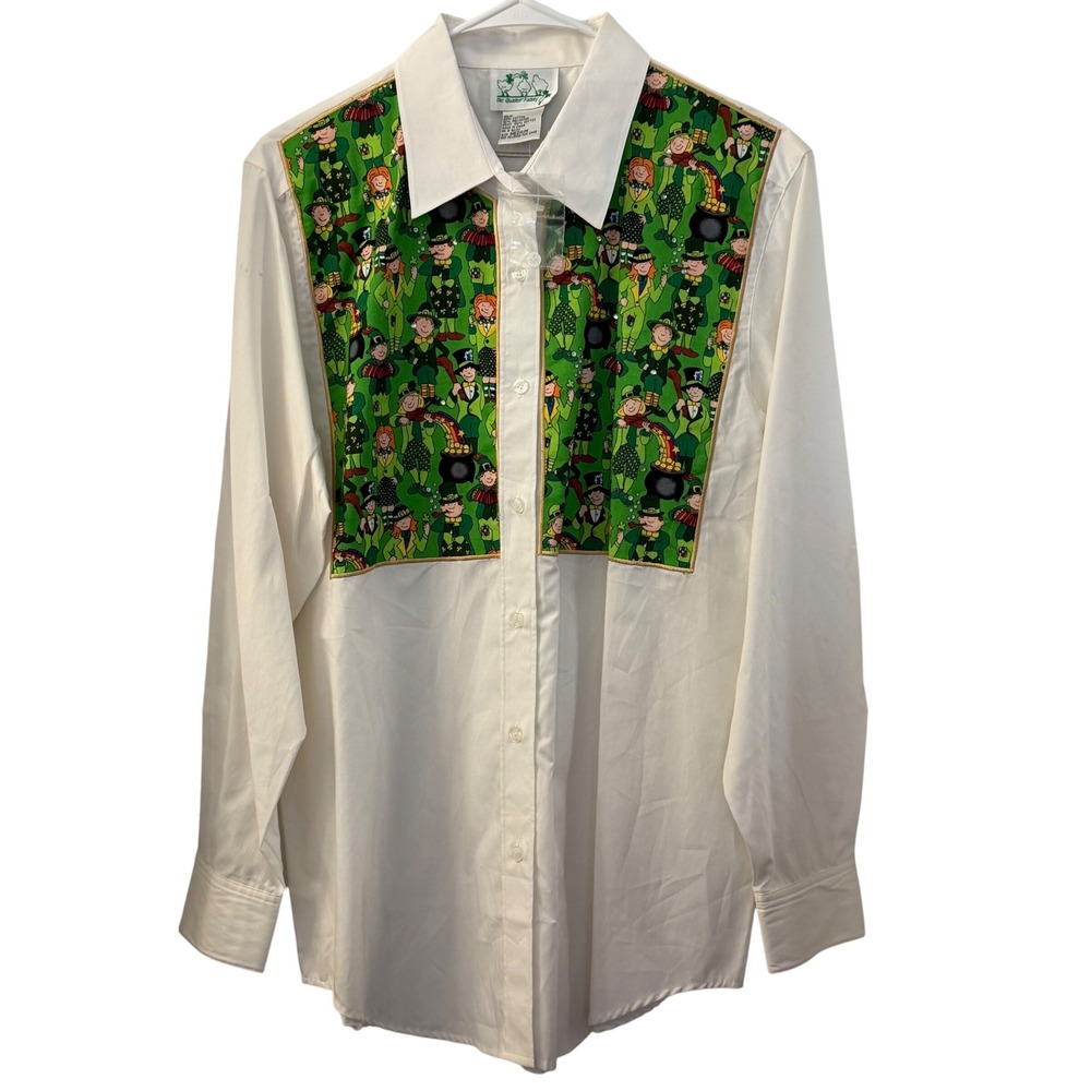 The Quacker Factory Womens St‎ Patricks Day Leprechaun Button Shirt White Medium